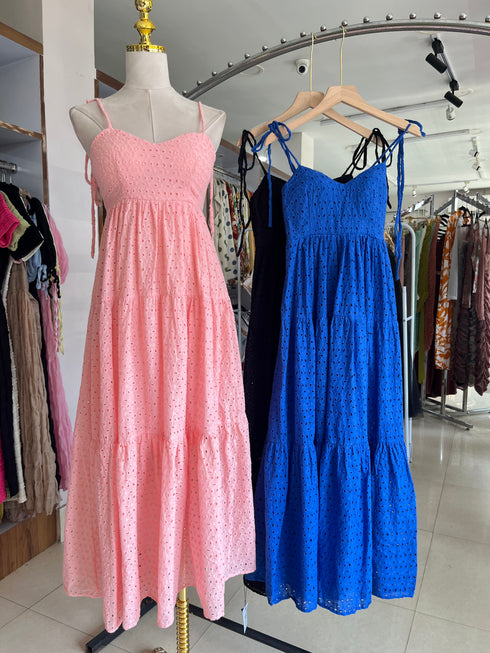 Summer Embroidered Patchwork Spaghetti Straps Flounce Long Dresses